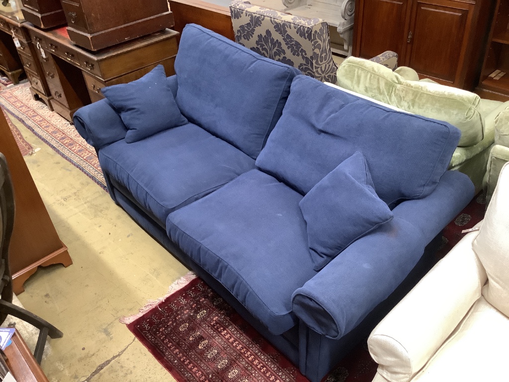 A modern blue fabric metal action two seater sofa bed, width 190cm, depth 90cm, height 90cm